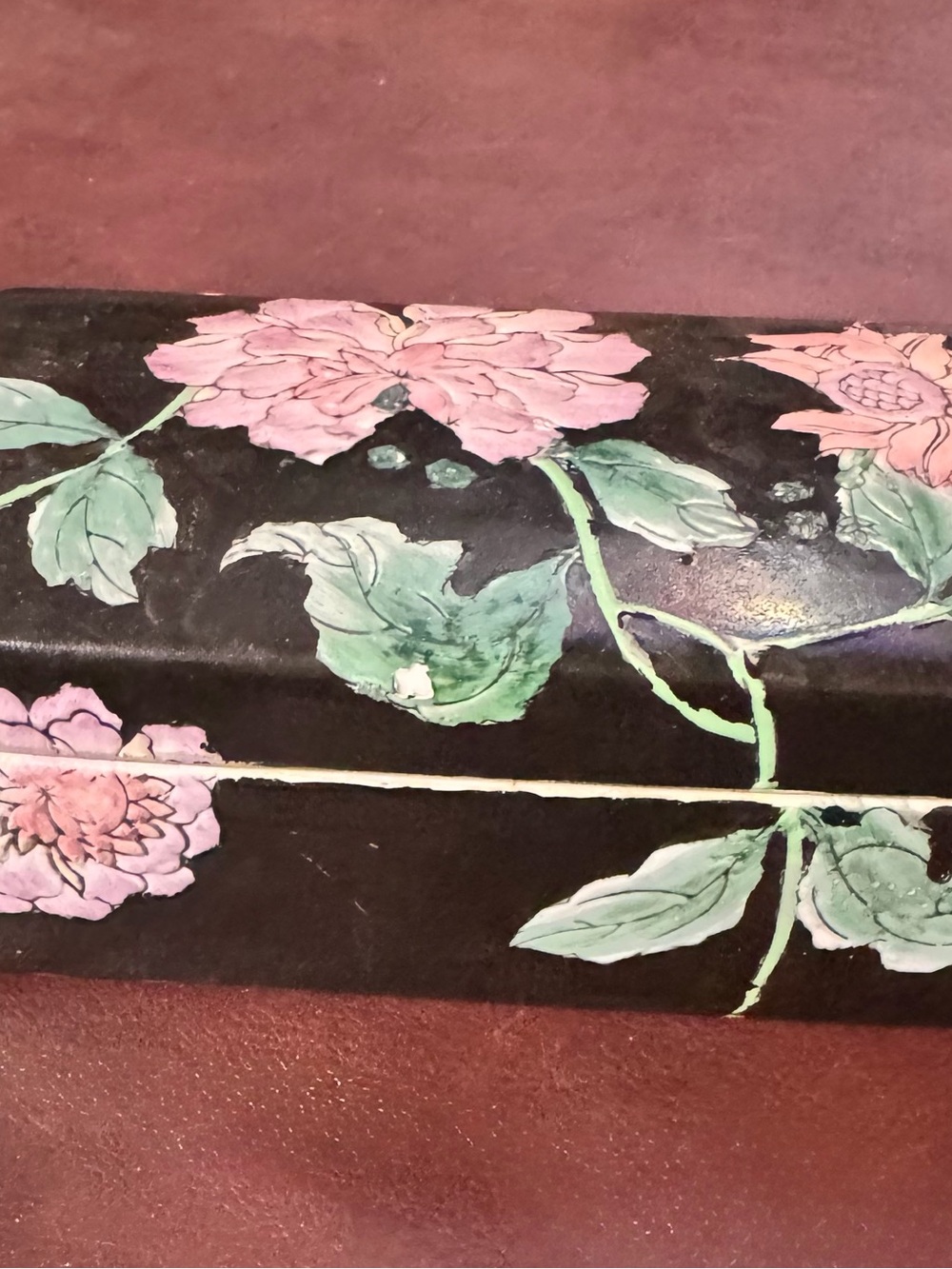 Floral Hand-Painted Black Jewelry Box Trinket with Pink Flowers Cloisonne Asian